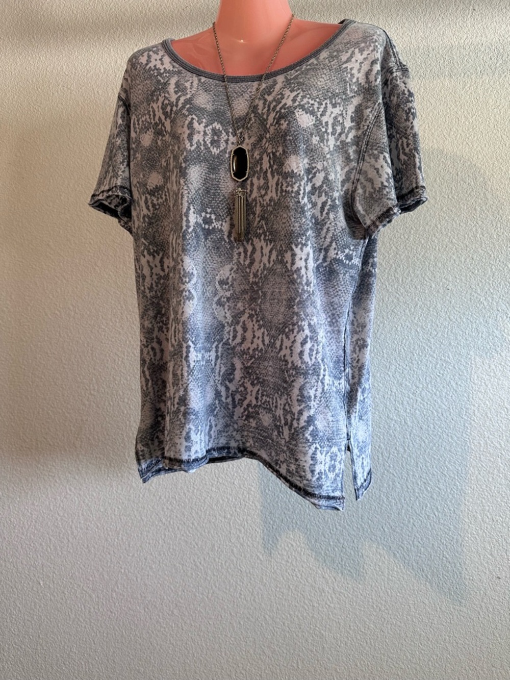 Free People Gray Snake-Print Scoop Neck Tee
